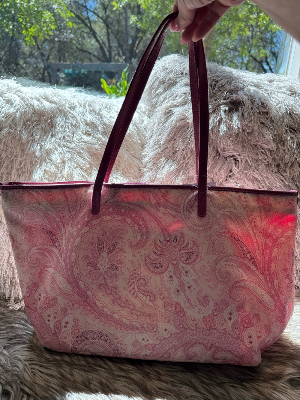 Etro Pink Paisley Tote with Burgundy Handles